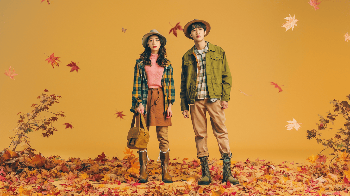 Two people in autumn outfits surrounded by falling leaves