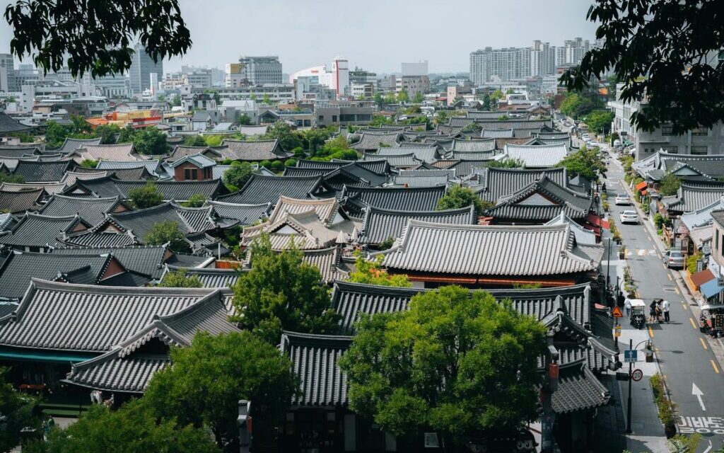 Korean traditional village visit hanok rooftop aerial view