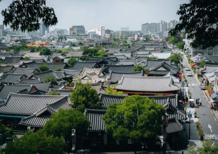 Korean traditional village visit hanok rooftop aerial view