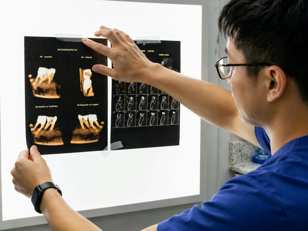 Dental insurance Korea — implant model and x-ray scan