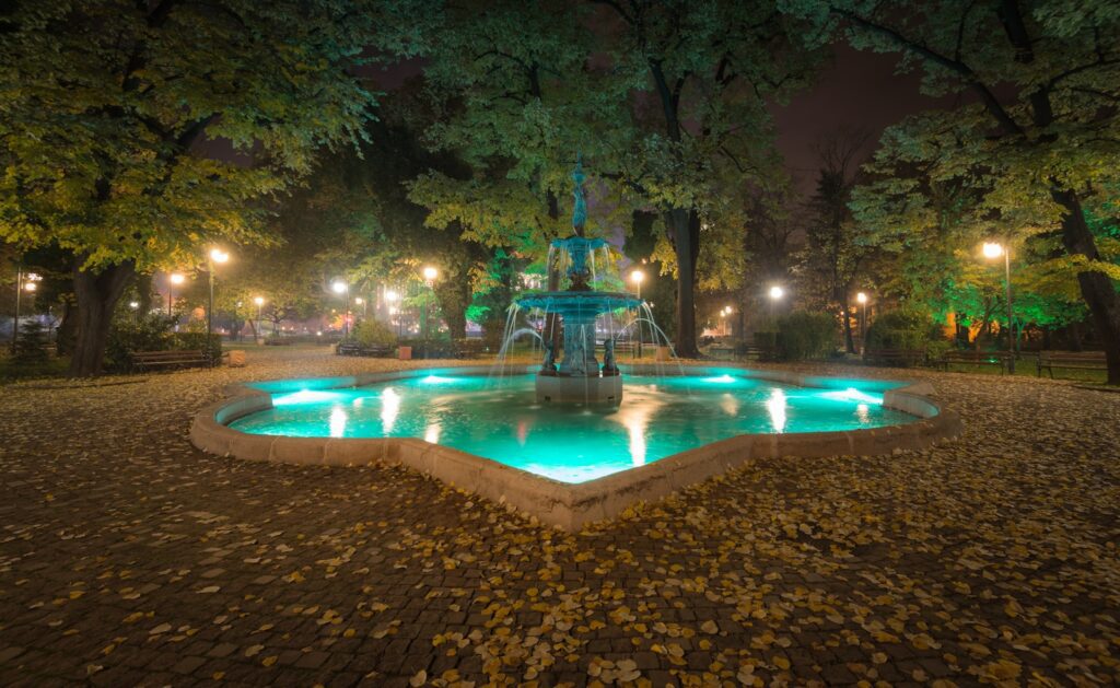 Goyang Ilsan Lake Park — lake side musical fountain at night