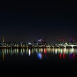 Han River activities — Seoul Han River and downtown night view panorama