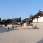 Hanok guesthouse courtyard and tiled roof traditional architecture view
