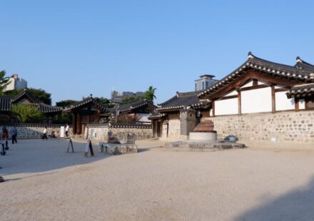 Hanok guesthouse courtyard and tiled roof traditional architecture view