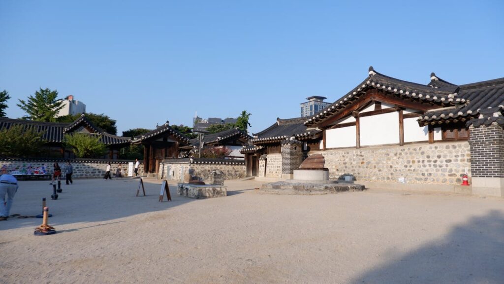 Hanok guesthouse courtyard and tiled roof traditional architecture view