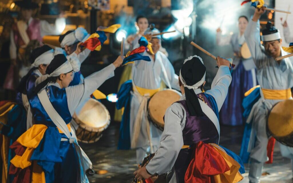 Nongak festival drum performance — Korean folk percussion stage featuring kkwaenggwari, janggu, buk and jing