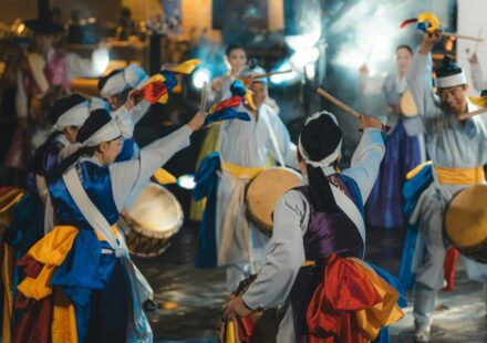 Nongak festival drum performance — Korean folk percussion stage featuring kkwaenggwari, janggu, buk and jing
