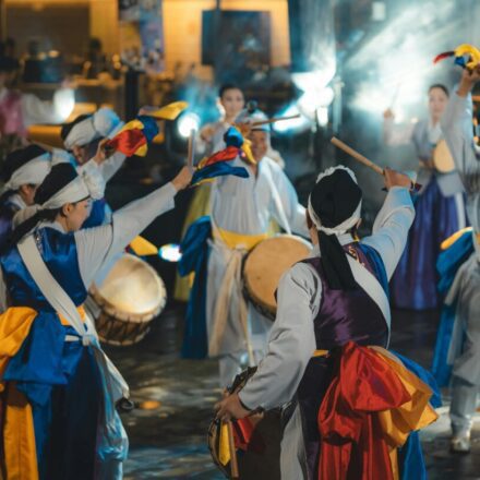 Nongak festival drum performance — Korean folk percussion stage featuring kkwaenggwari, janggu, buk and jing