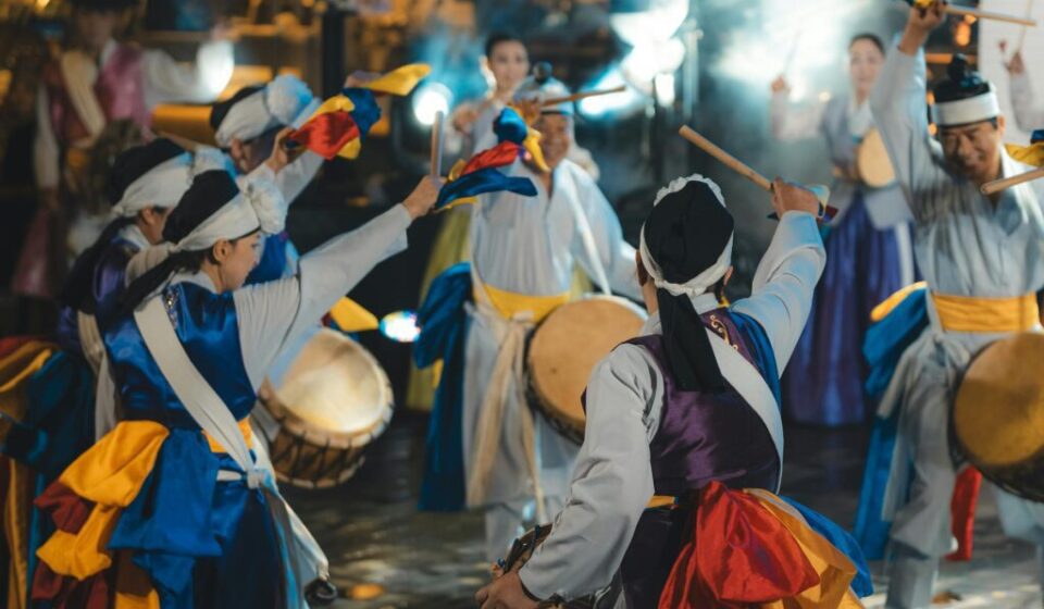 Nongak festival drum performance — Korean folk percussion stage featuring kkwaenggwari, janggu, buk and jing