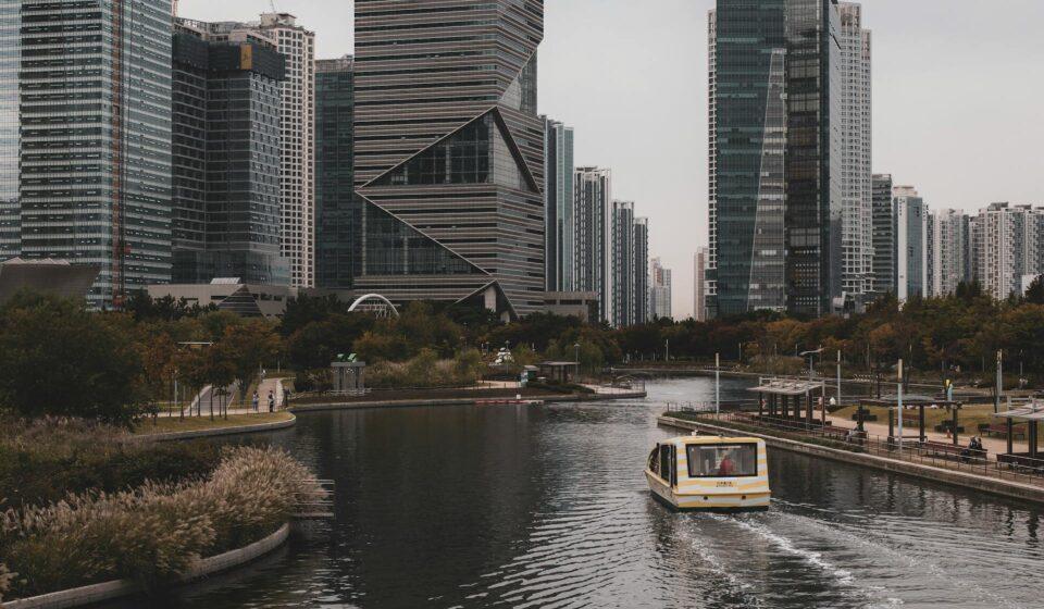 Songdo Central Park course night view — seawater canal and skyline