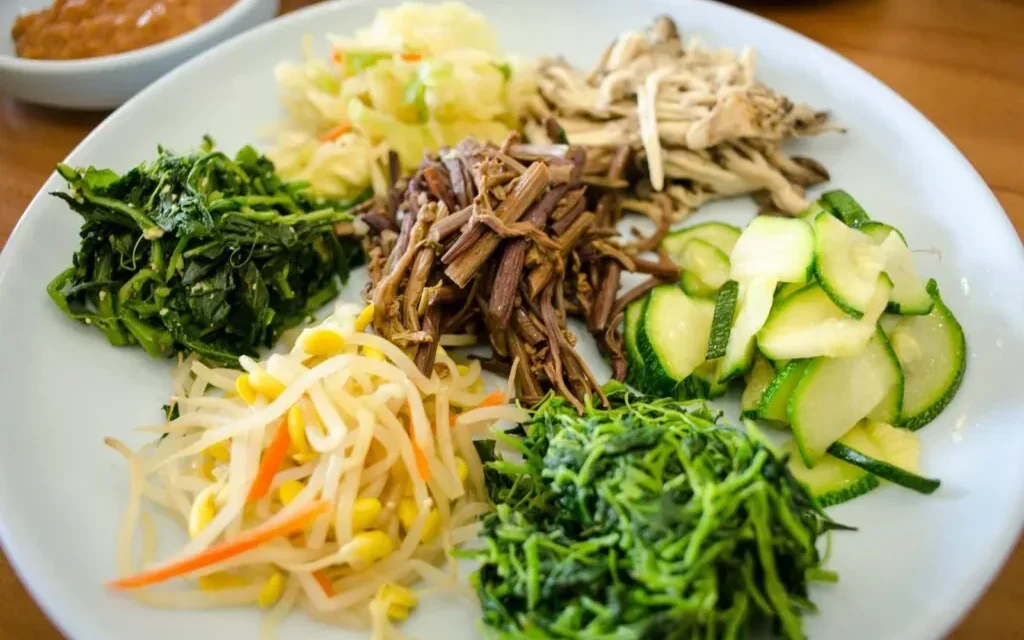 Vegan Korean banchan made with vegetables and plant-based ingredients