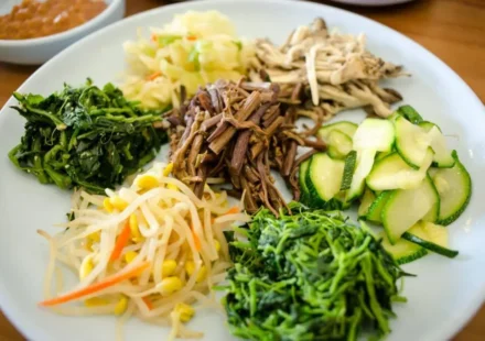 Vegan Korean banchan made with vegetables and plant-based ingredients
