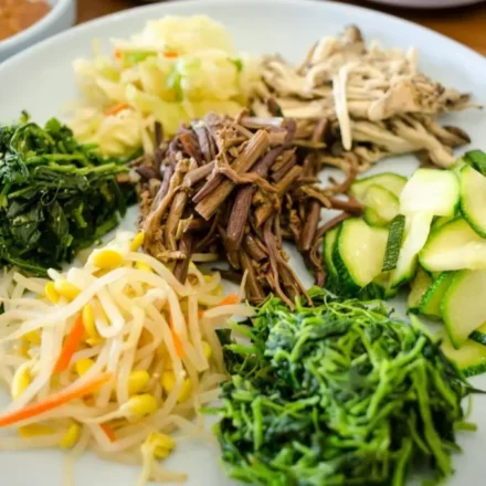 Vegan Korean banchan made with vegetables and plant-based ingredients