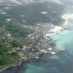 Aerial view of Hyeopjae and Geumneung beaches with turquoise water