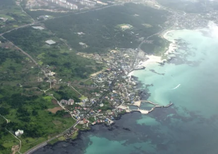 Aerial view of Hyeopjae and Geumneung beaches with turquoise water