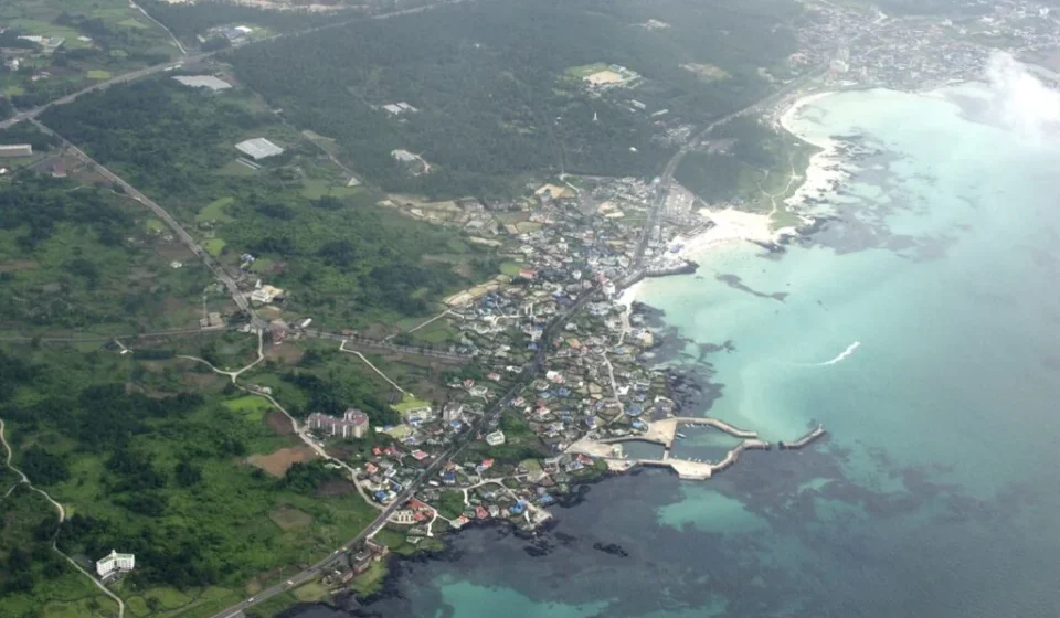 Aerial view of Hyeopjae and Geumneung beaches with turquoise water