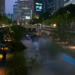 Cheonggyecheon stream and city lights at night in Seoul