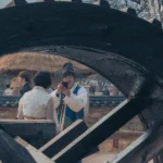Travelers wearing hanbok in a Korean traditional village